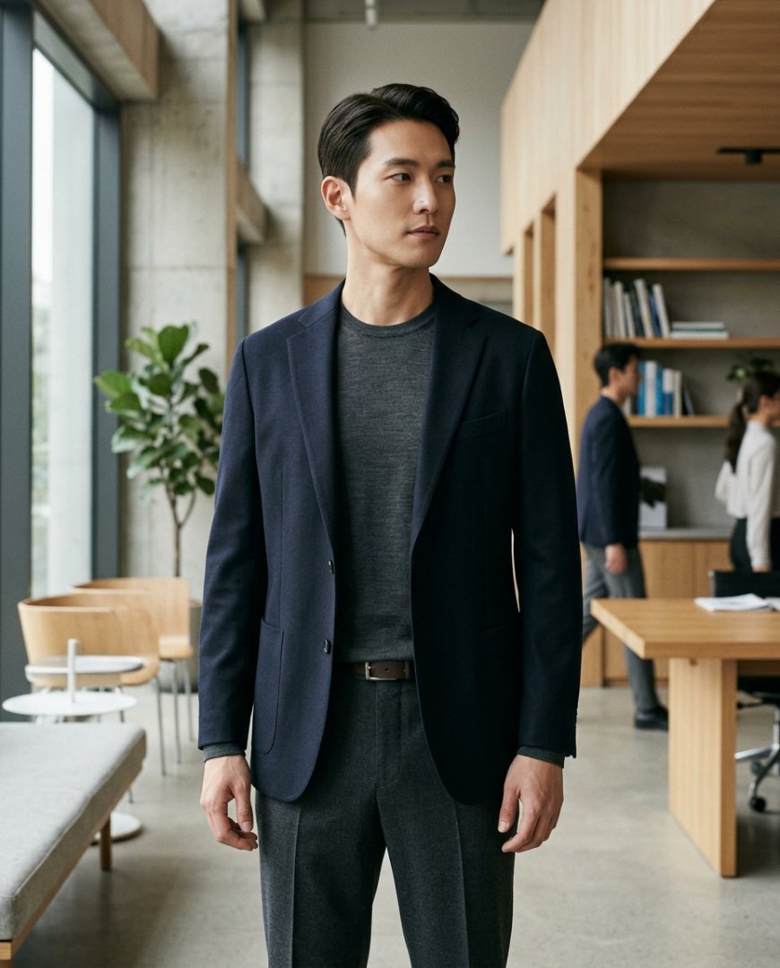오피스에서 슬랙스와 긴팔티셔츠 착장한 모습
