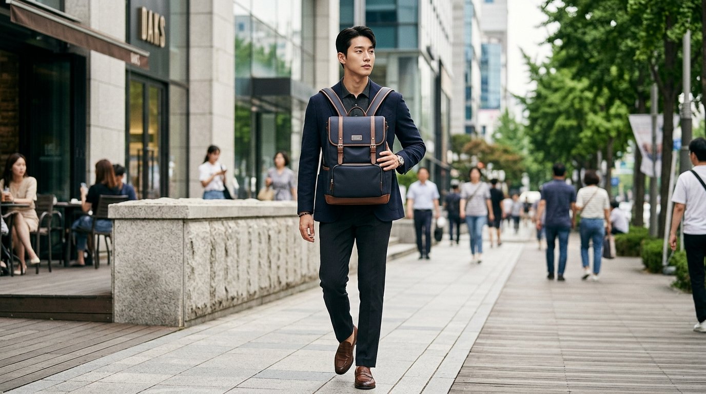 배경에 도시 풍경이 있는 출근길 백팩