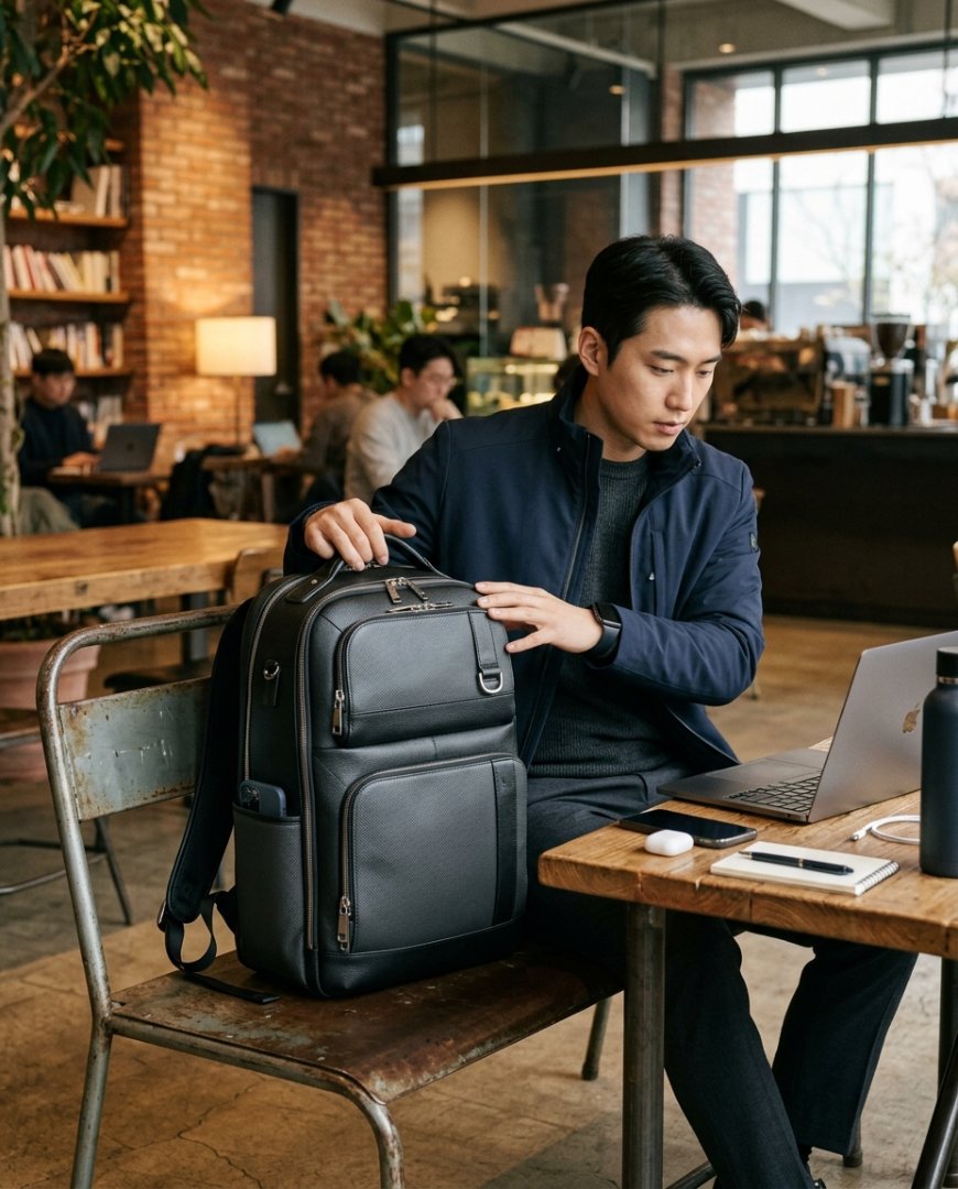디지털 상점에서 기술 장비와 블랙 백팩
