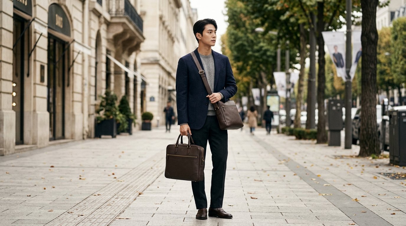 전시회에 놓인 다양한 남성용 가방 모습입니다.