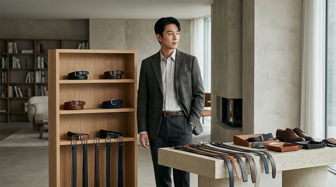 사무실에서 블랙 소가죽 남성벨트를 맨 남성의 전신 사진.