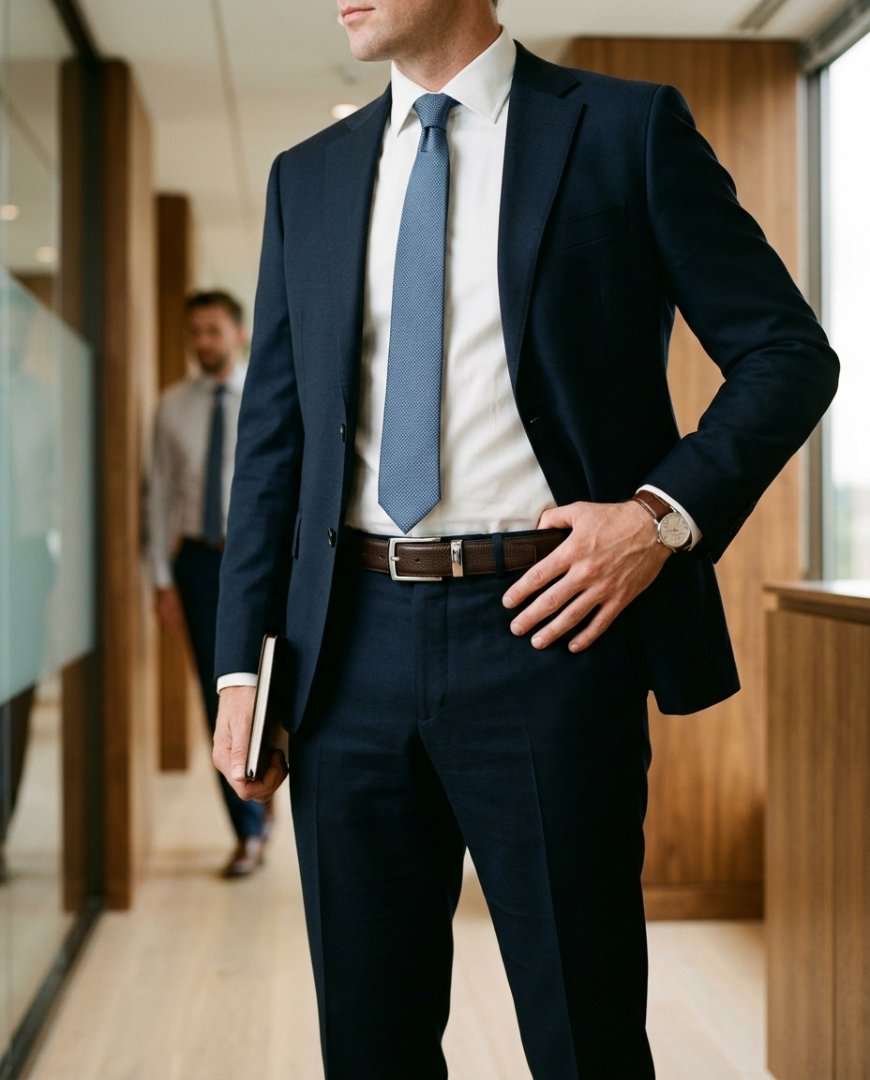 수트를 입고 벨트를 매만지는 비즈니스맨의 클로즈업