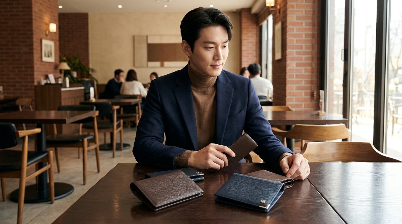 다양한 소가죽 남성 지갑이 테이블에 놓여 있는 장면