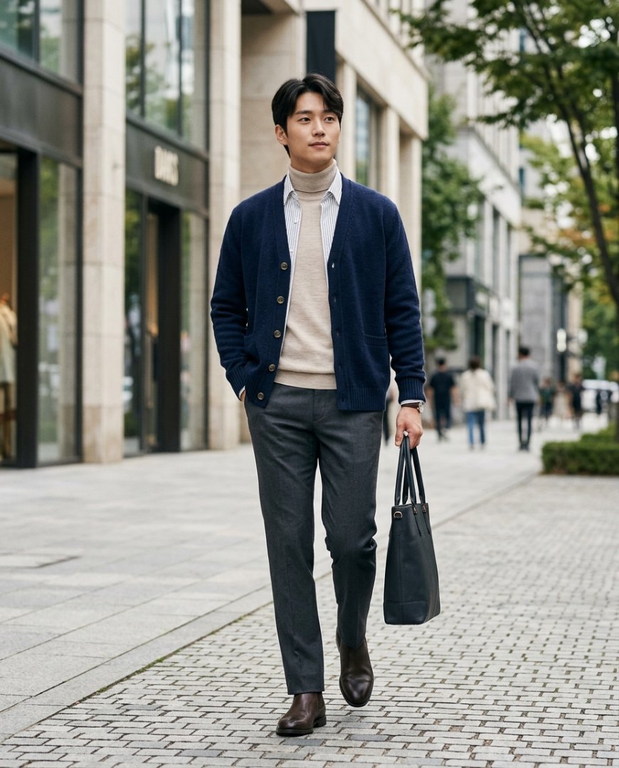 셔츠와 가디건을 레이어링한 젊은 남성