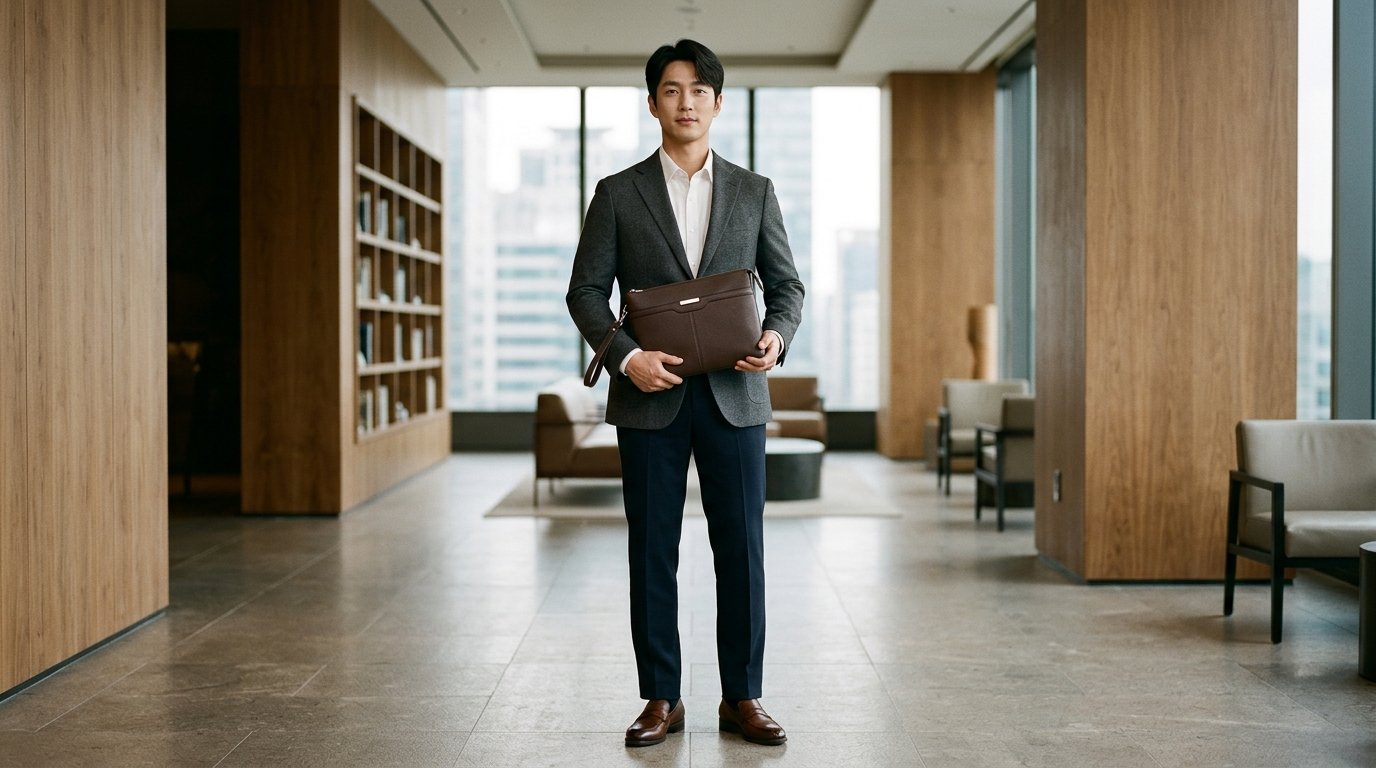 테이블 위에 블랙과 브라운 소가죽 클러치백이 배열되어 있는 장면