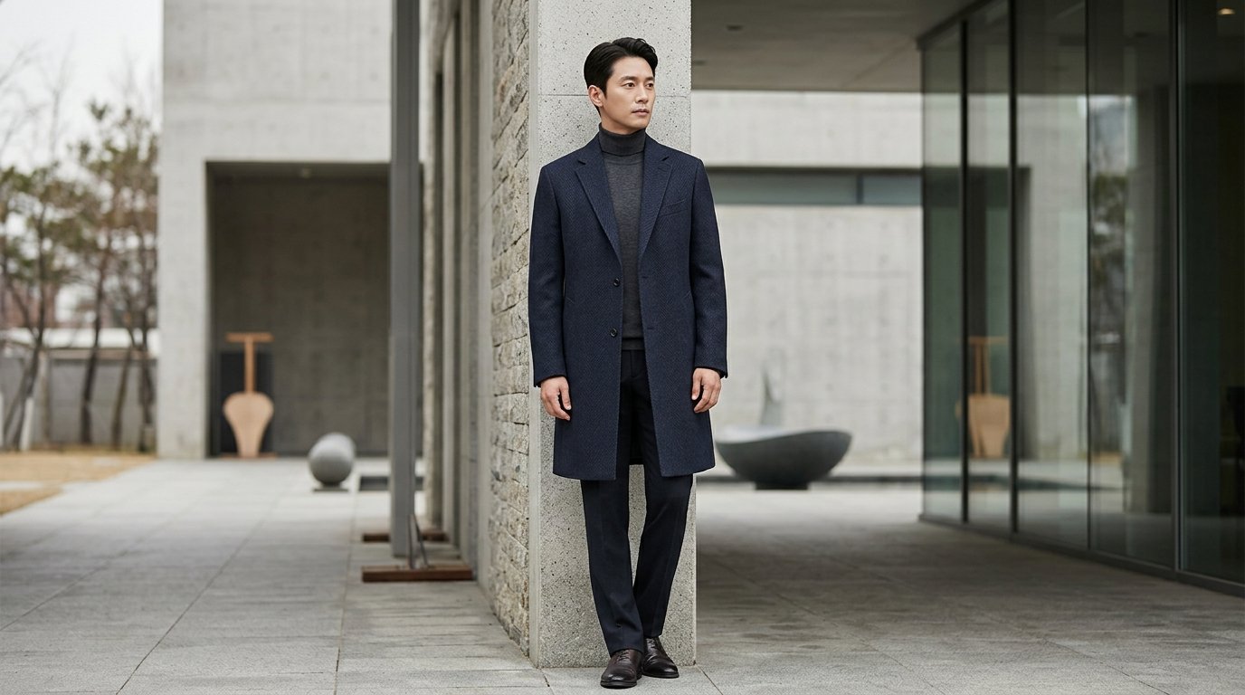 다양한 남성 코트를 입고 출근길을 걷는 사람들 풍경