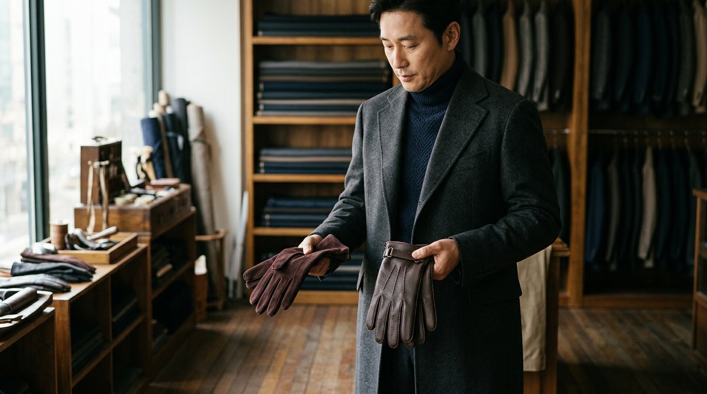 럭셔리 남성 장갑이 테이블에 놓인 장면