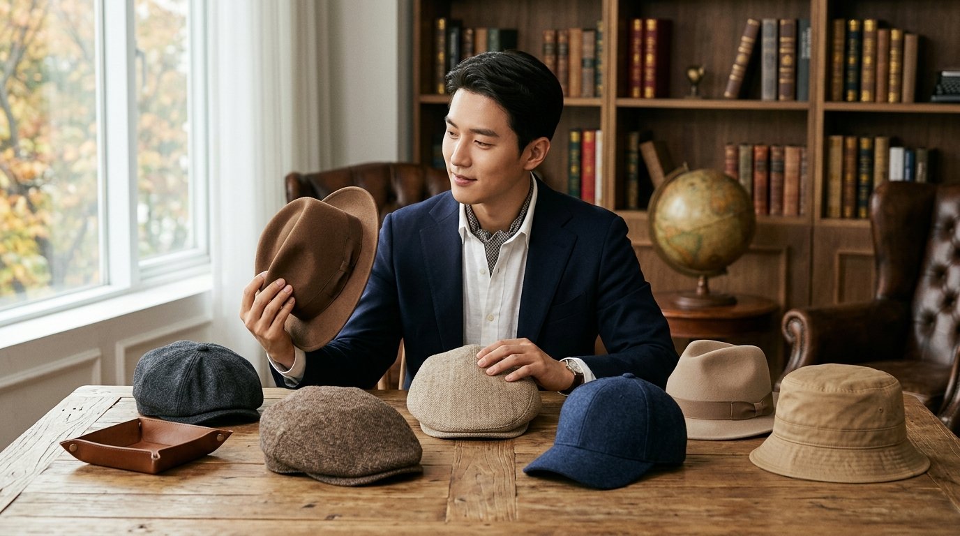 심플한 테이블 위로 다양한 남성 모자가 가지런히 놓여 있음