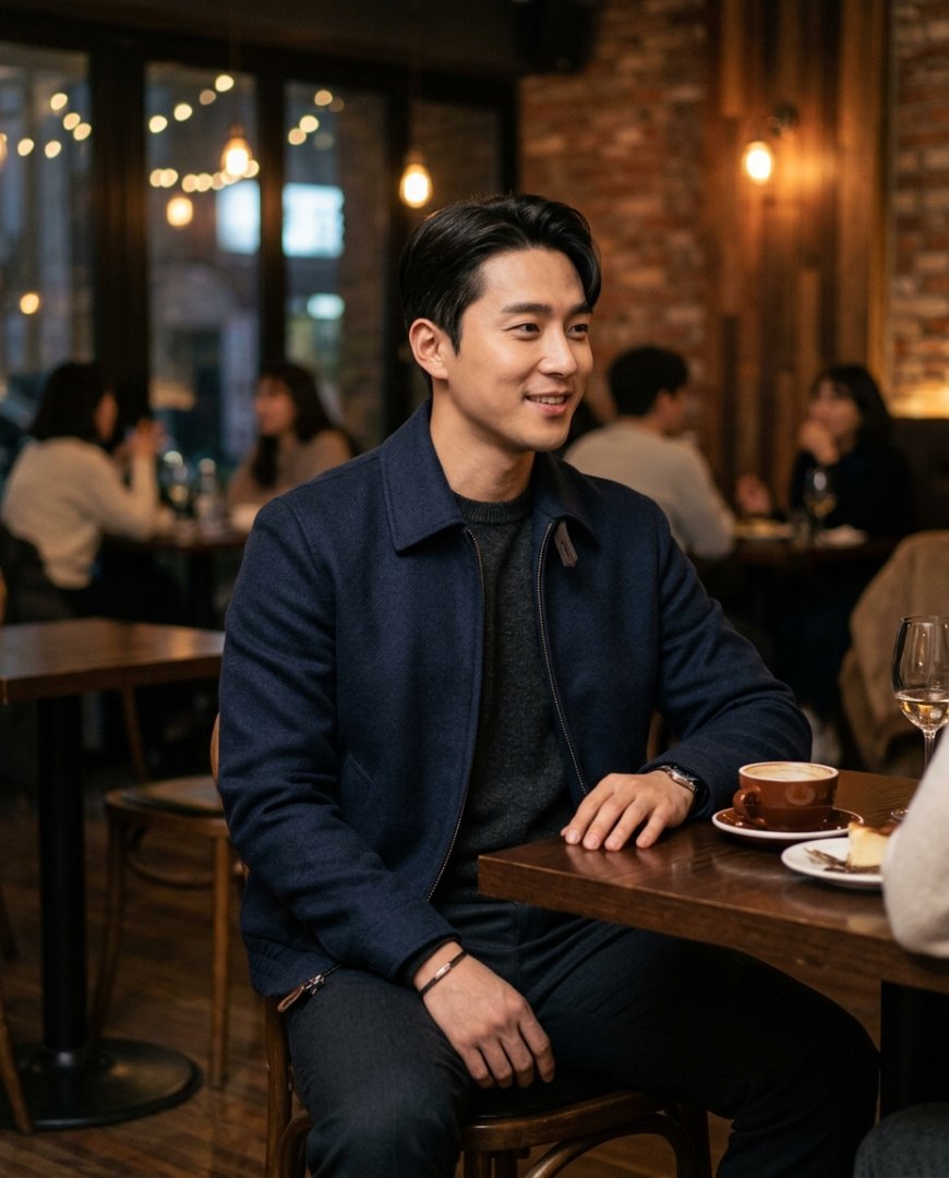 네이비 자켓과 스니커즈를 매치한 남성 모습