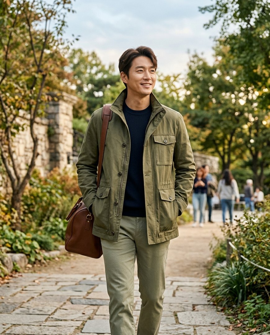 주말에 브라운 자켓을 입고 공원에 있는 모습