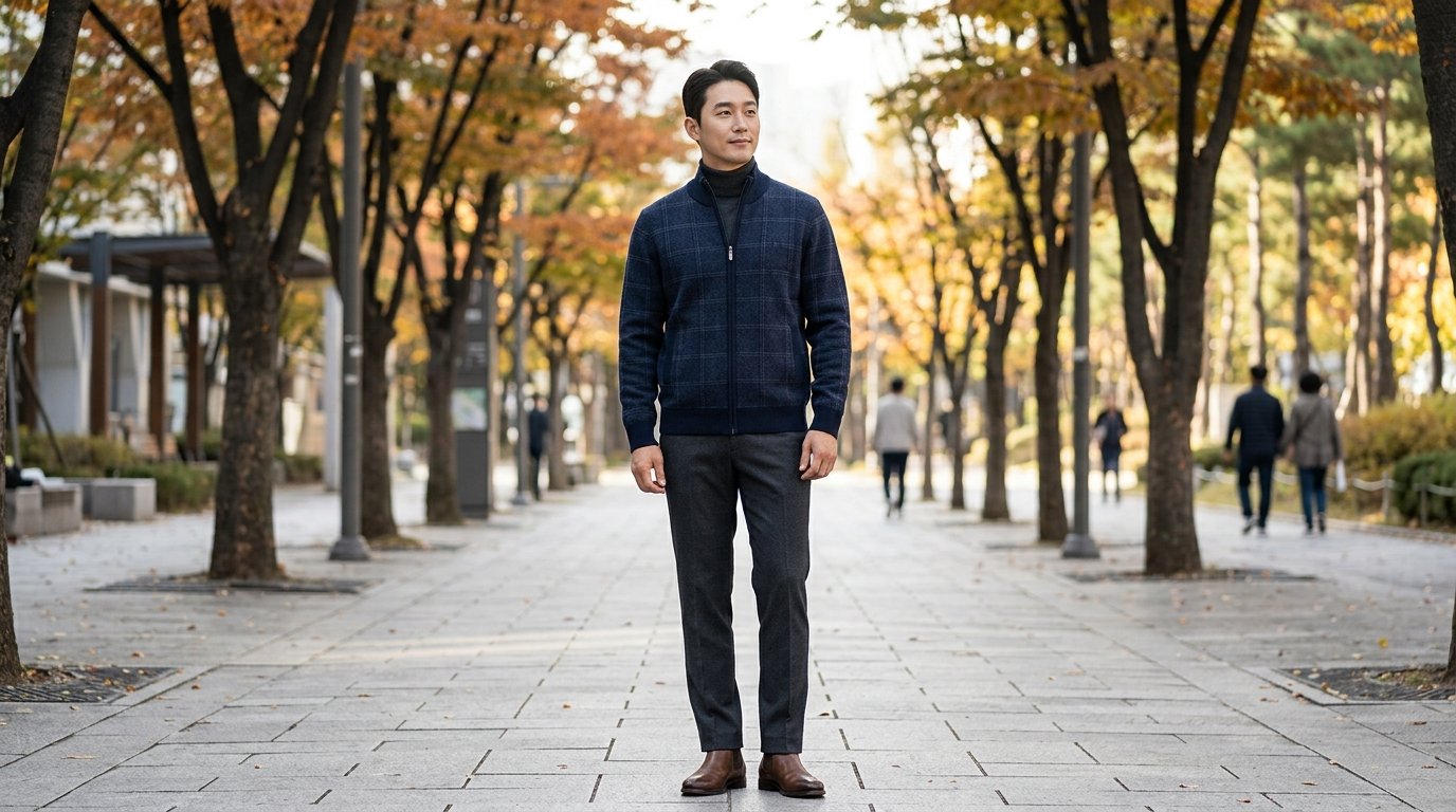 다양한 남성 점퍼 모델이 전시된 도시 배경