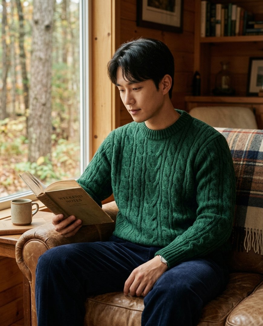 공원에서 니트와 슬랙스를 착용한 남성