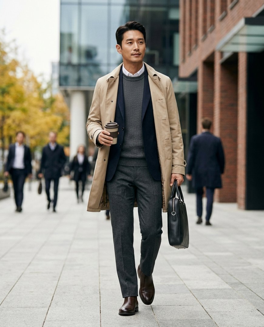 오피스 로비에서 셔츠와 니트를 입은 모습
