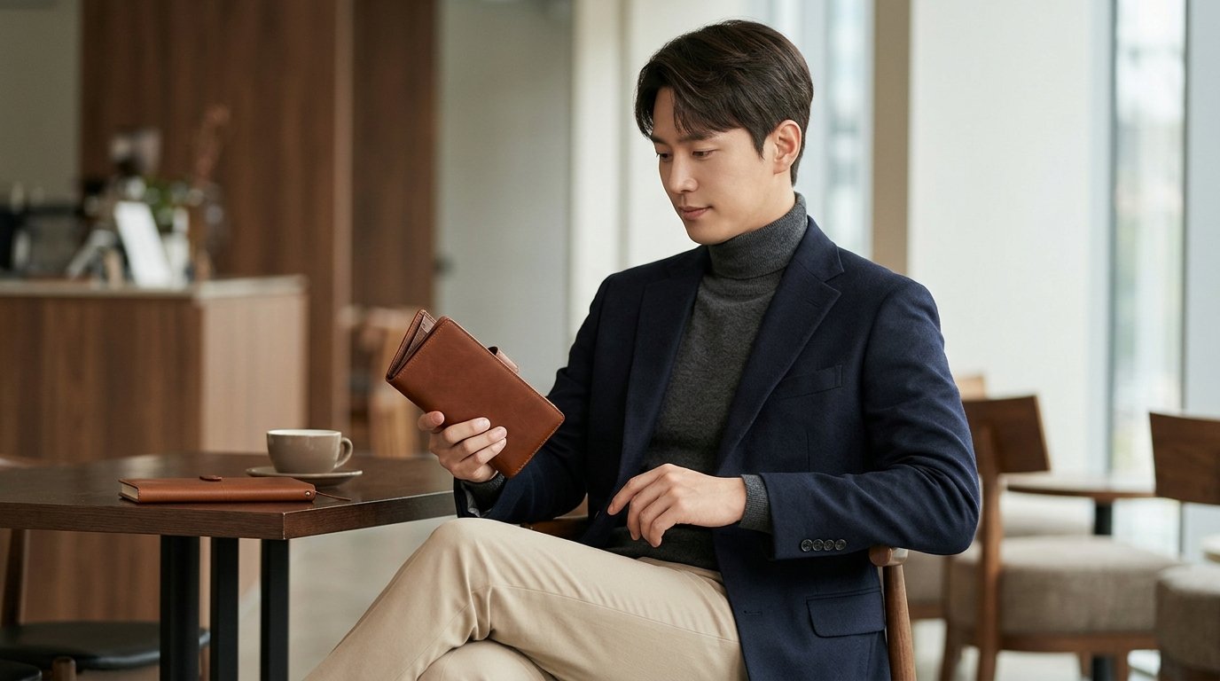 탁자 위에 다양한 디자인의 남성 장지갑이 나란히 놓여 있는 장면