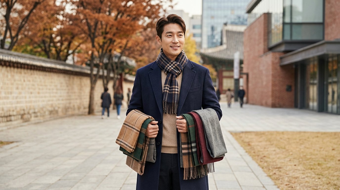 고급 패션 부티크의 전체적인 모습에서 마네킹에 걸쳐진 캐시미어 스카프.