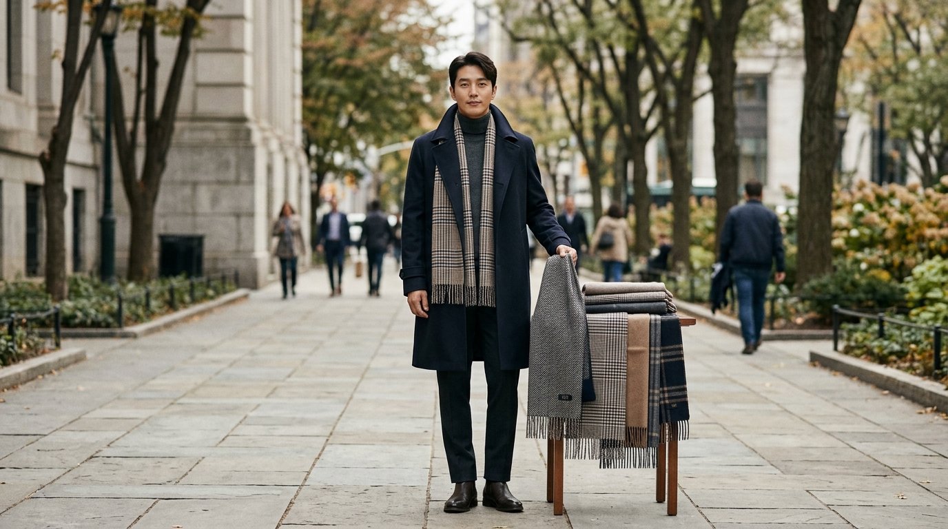 거실 테이블 위에 놓인 남성 스카프들, 다양한 색상과 질감