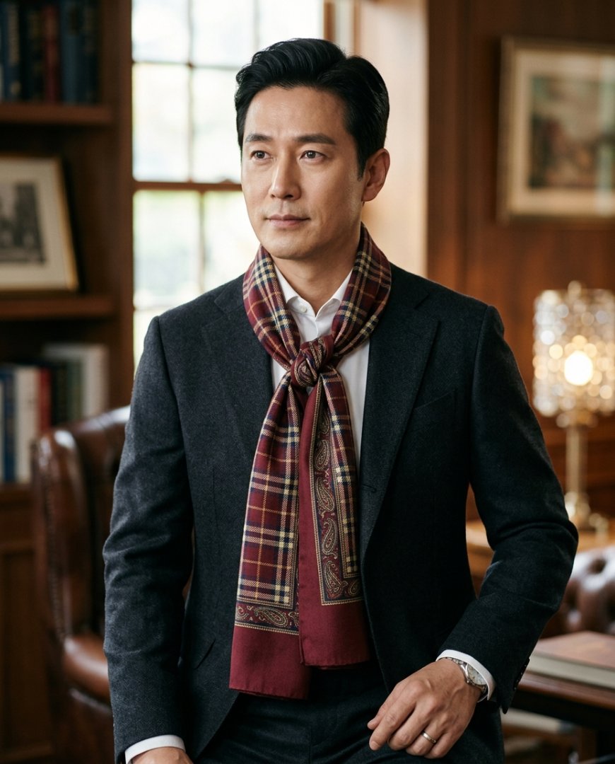 회의실 한쪽에서 네이비 스카프를 두른 정장 차림의 남성