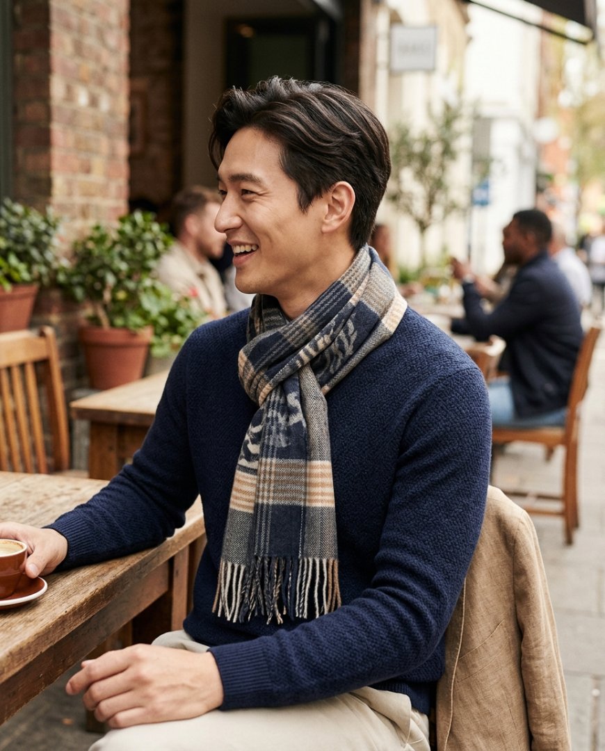 카페 테라스에서 책을 읽으며 블루 스카프를 착용한 남성