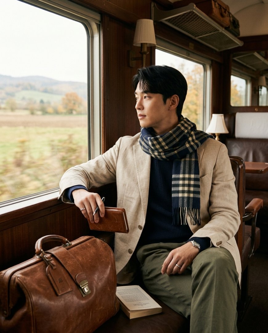 공항 터미널에서 편안하게 목에 두른 블루 스카프. 여행 캐주얼 스타일과 조화를 이룸.