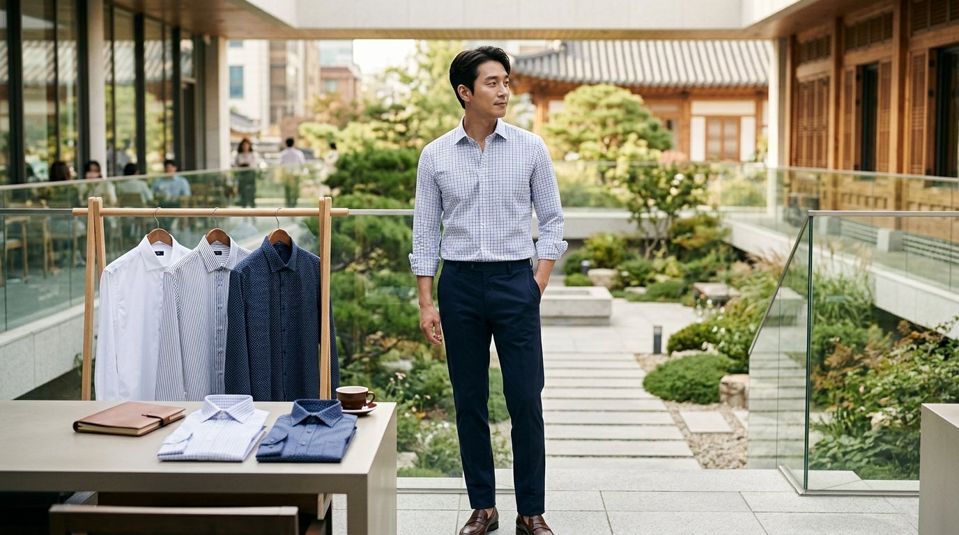 도시적 배경의 여러 셔츠를 입은 남성들