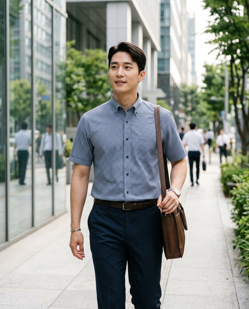 사무실에서 그린 반팔셔츠와 화이트 팬츠를 입은 직장인
