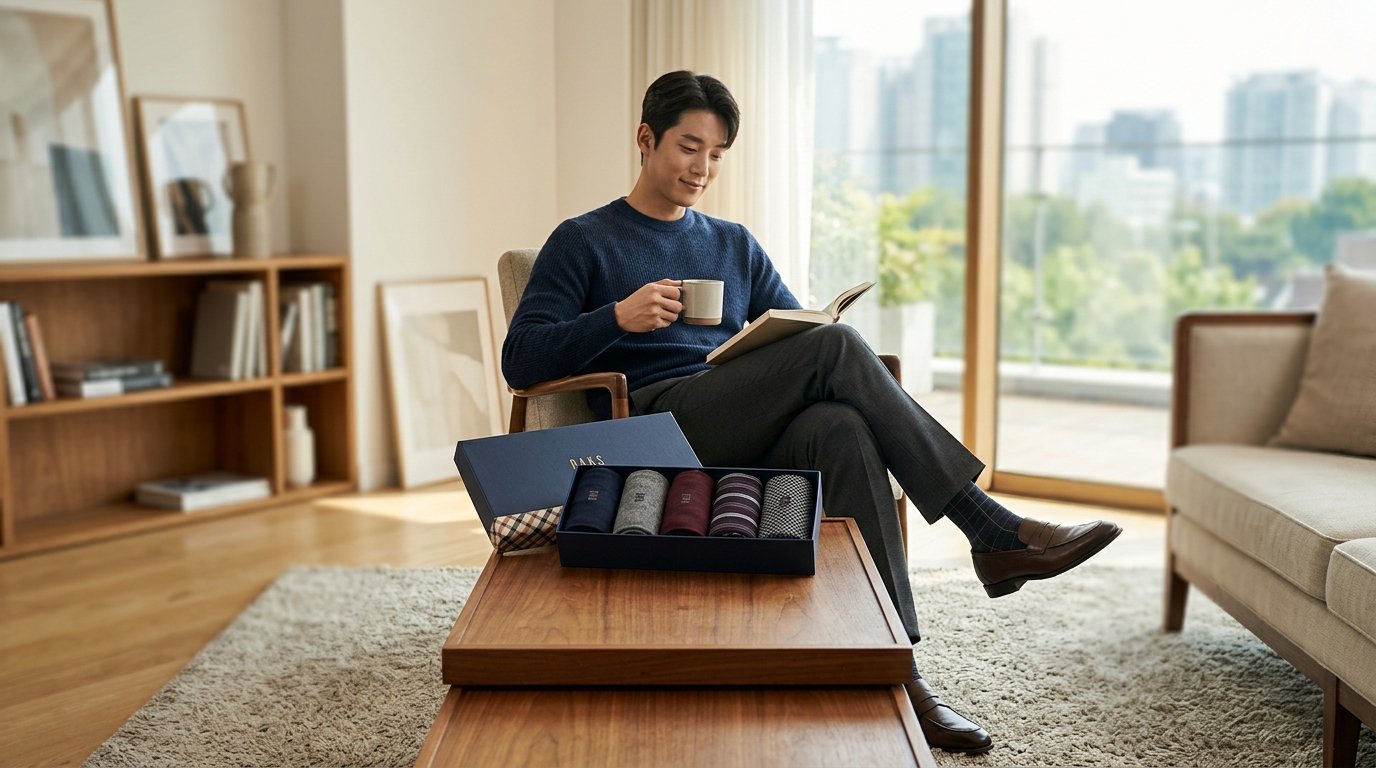우드 소재 위에 우아하게 배열된 남성 양말