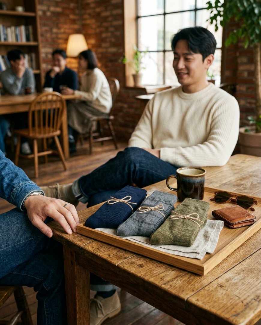 소파에 자연스럽게 놓인 캐주얼 스타일 양말