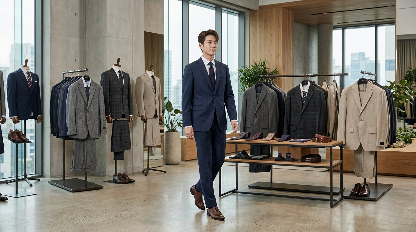 우아한 매장의 정장 진열 장면, 다양한 옵션