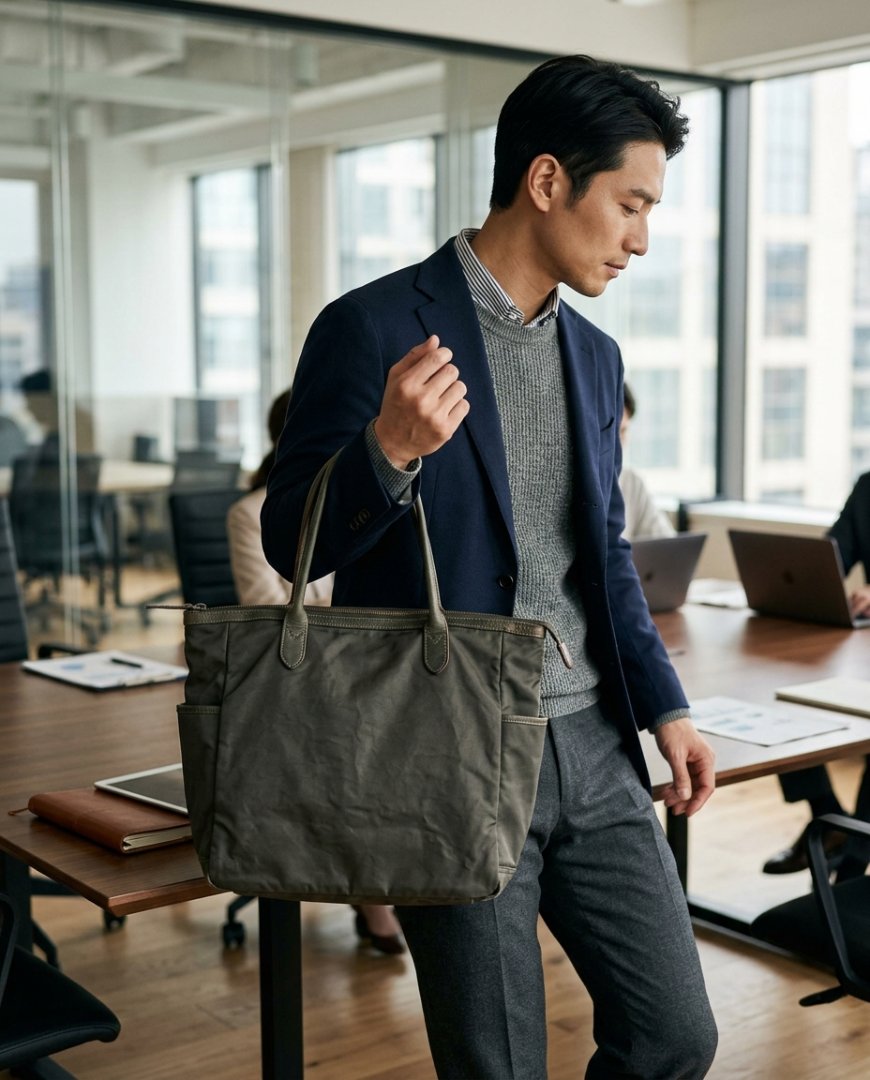 회사의 로비에서 양복과 블랙 토트백을 든 직장인.
