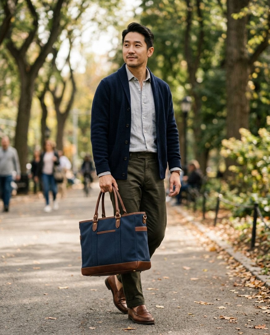 도심 거리에서 라이트블루 토트백을 들고 산책하는 사람.