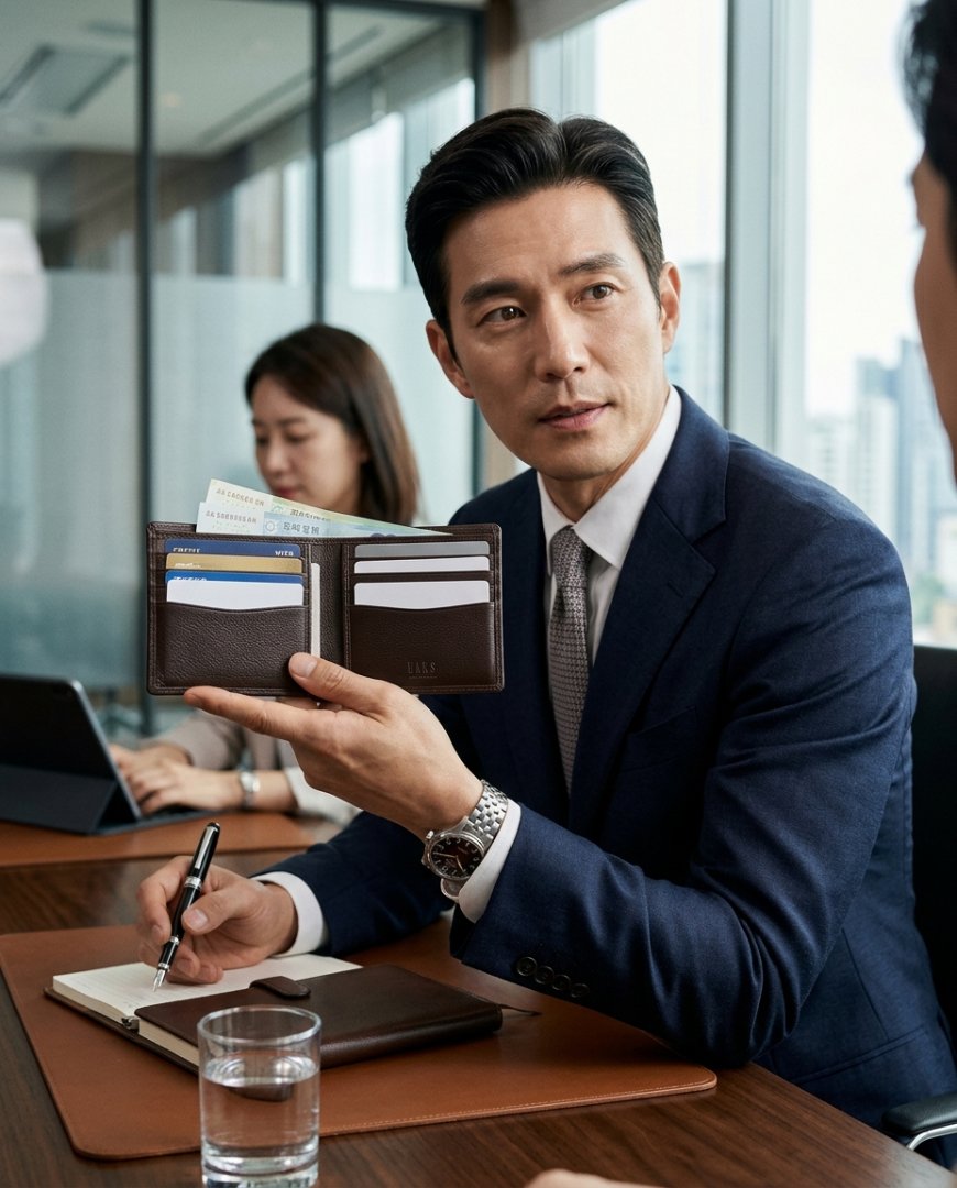 신사의 책상에 블랙 중지갑이 놓여 있는 모습
