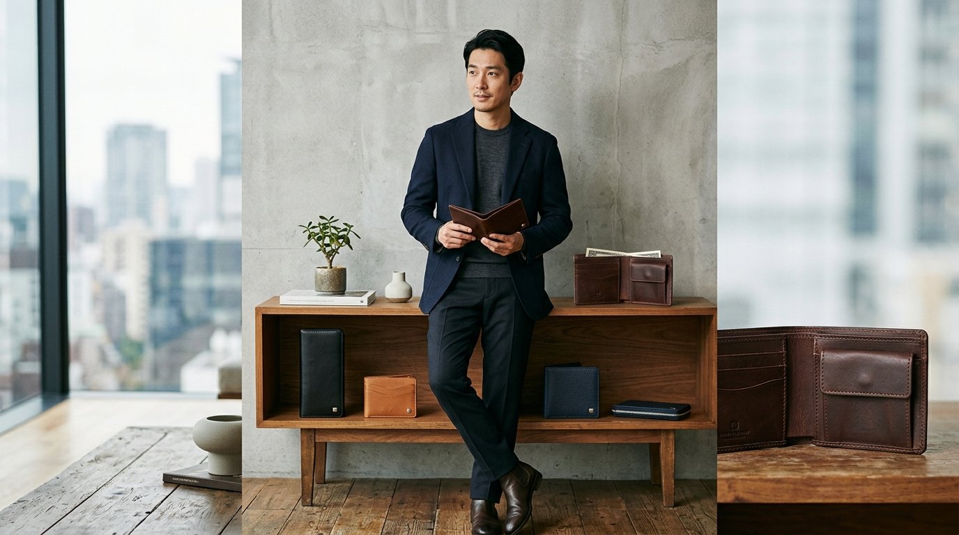 다양한 남성용 블랙 지갑이 대리석 위에 놓여 있는 모습