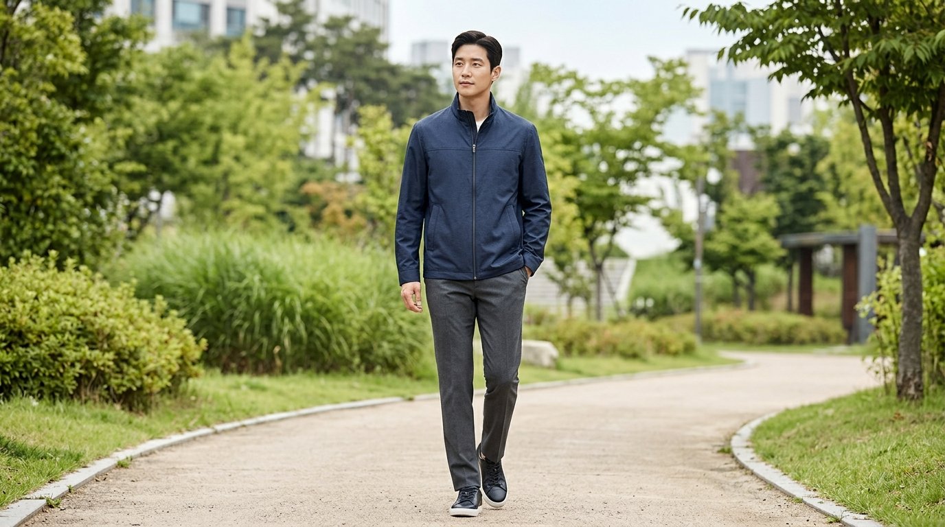 남성 바람막이가 진열된 패션 매장 전시