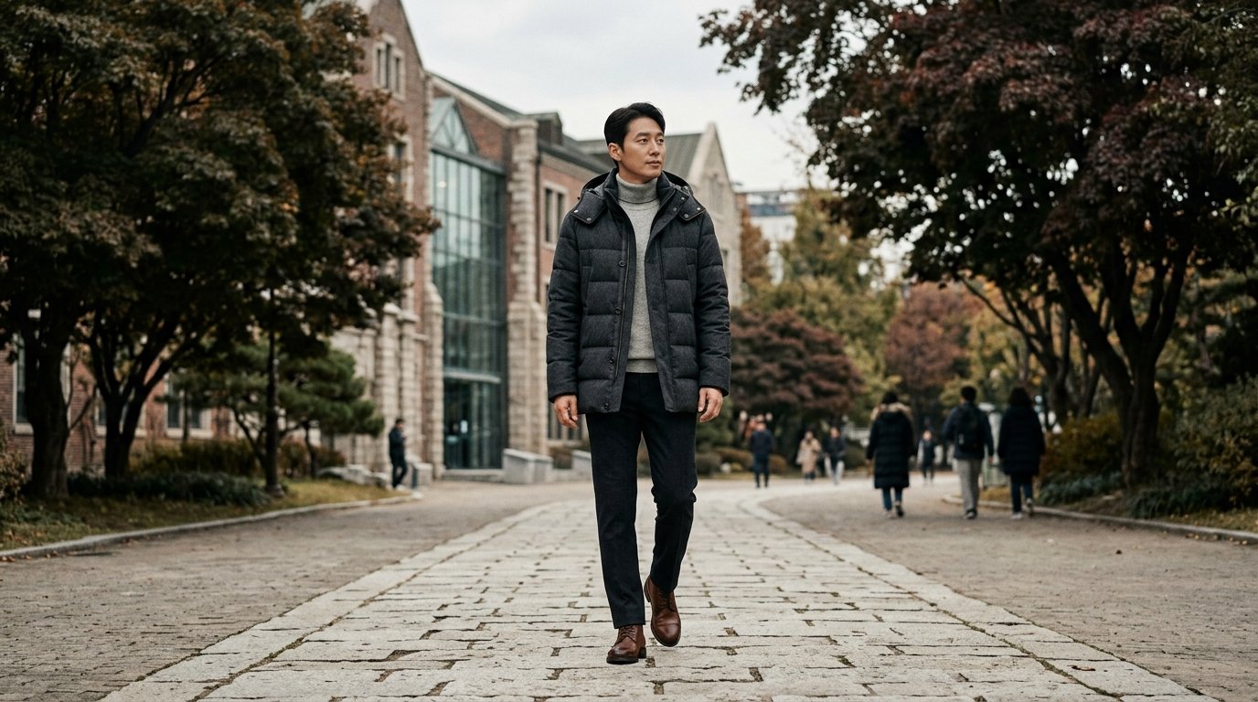 도심 겨울 풍경에서 패딩점퍼 착용 모습