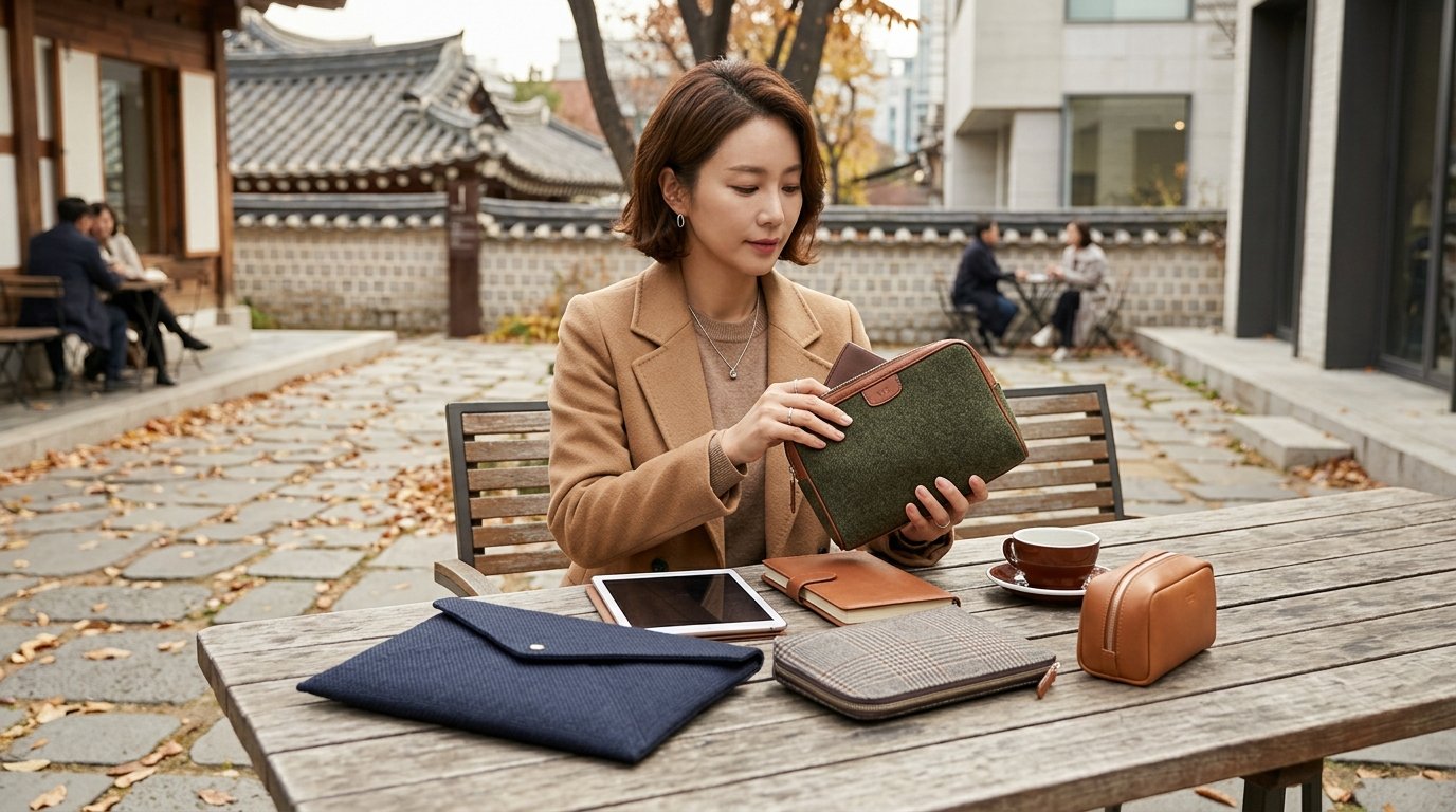 다양한 스타일의 파우치가 차례로 배열된 장면.