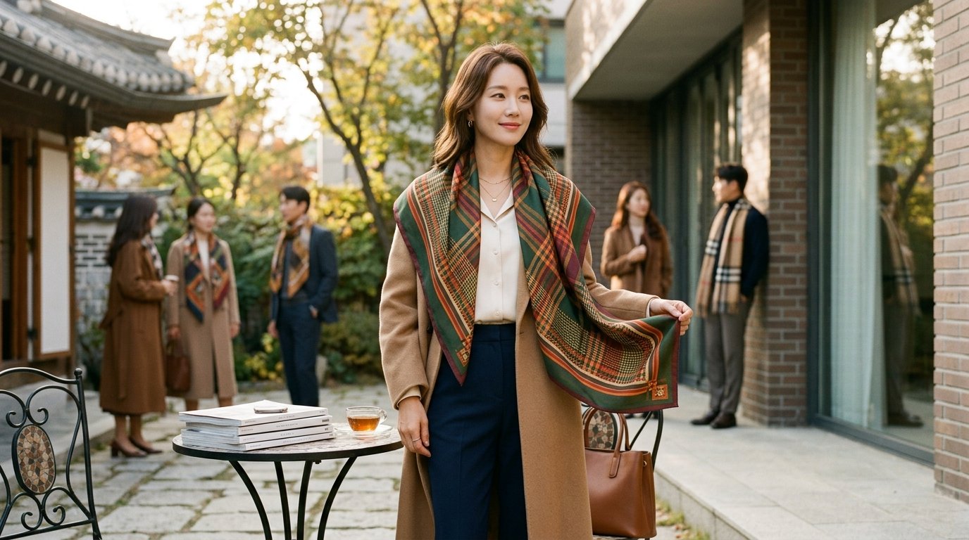 여러개 스카프를 두르고 있는 도심을 거니는 여성들