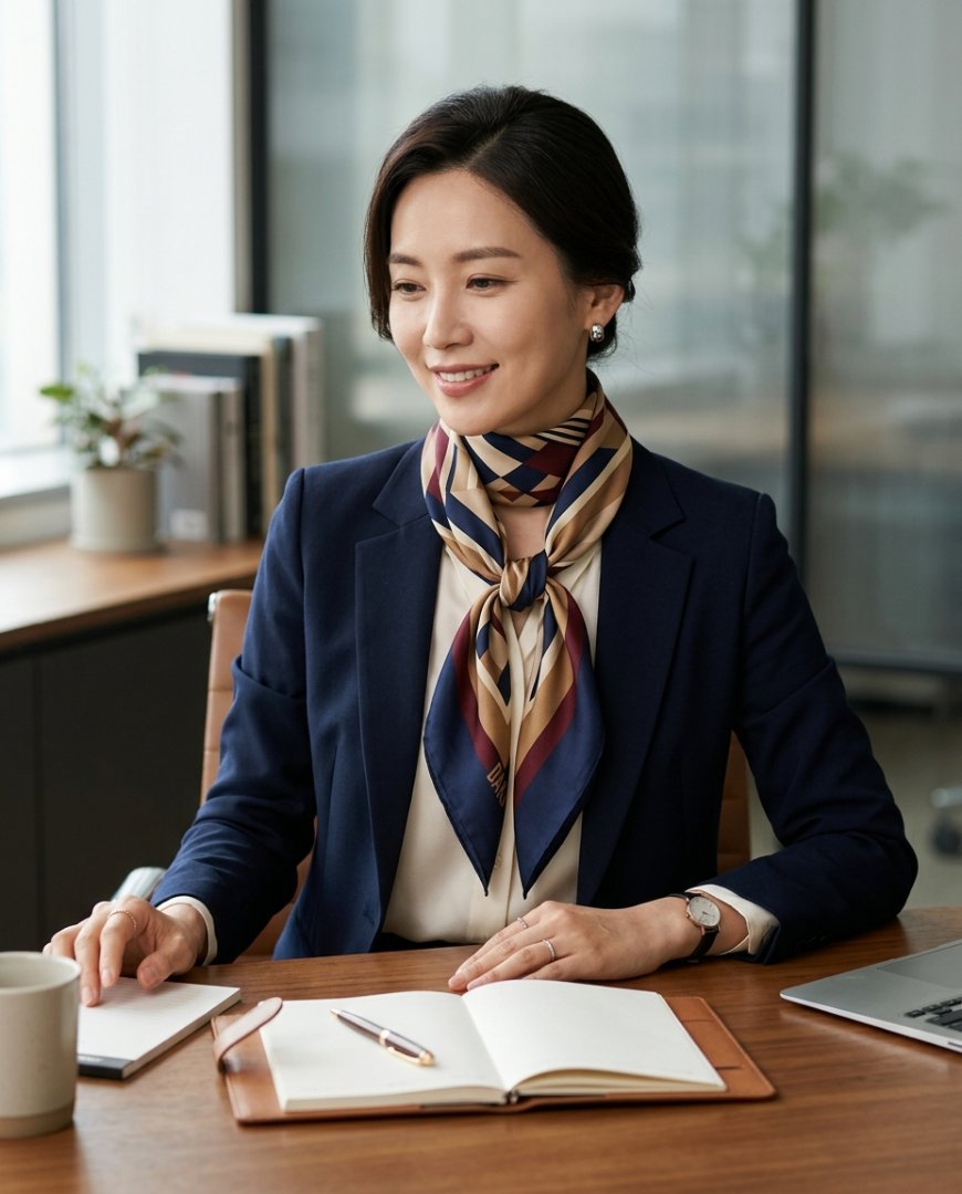 사무실에서 수트와 스카프를 매치한 장면