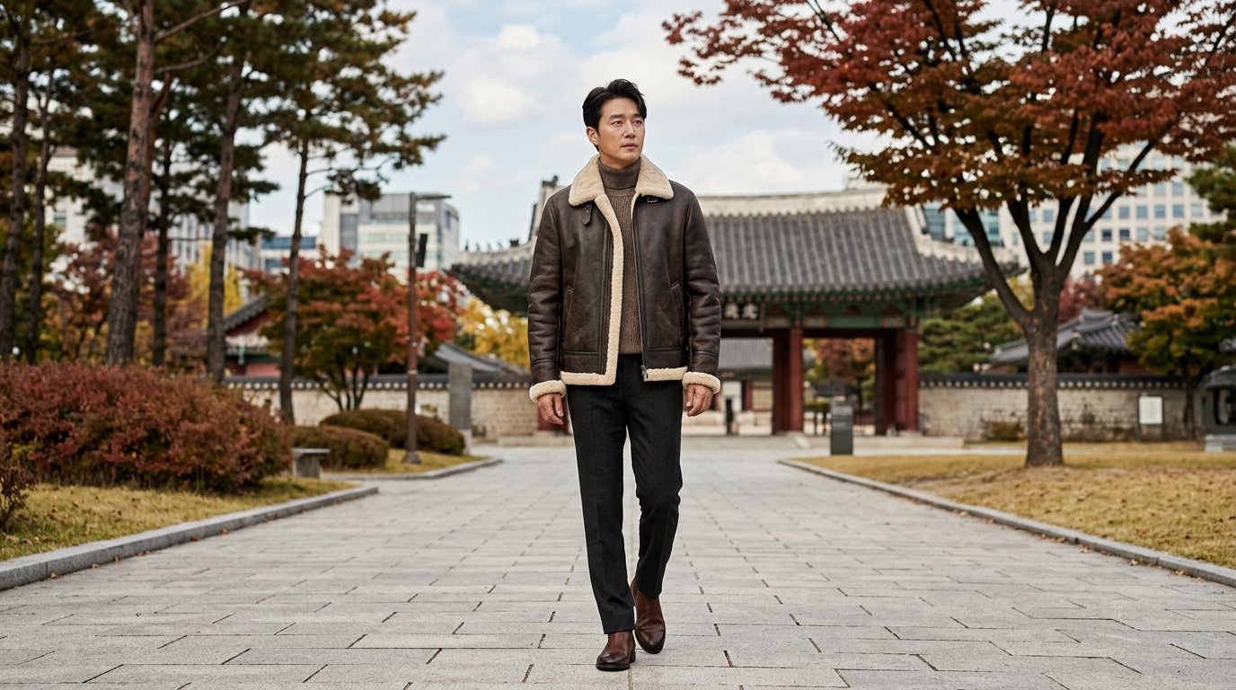 다양한 무스탕 코트가 전시된 부티크 공간입니다.