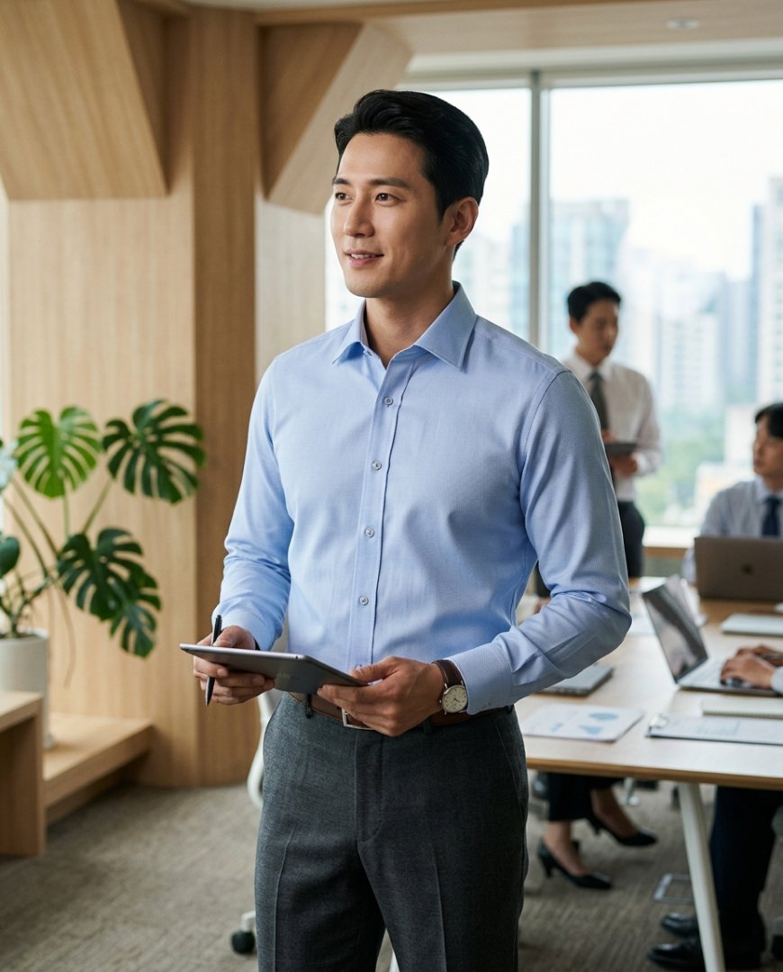 사무실 책상 앞에서 네이비 셔츠를 착용한 사람
