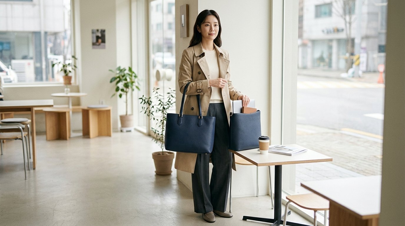 쇼룸에서 블랙과 브라운 가방들이 상하로 걸려 있는 장면