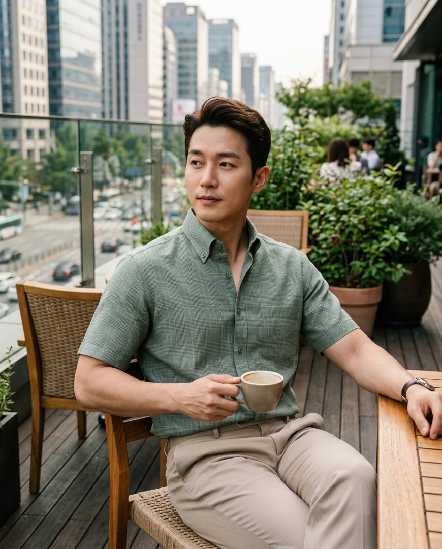 그레이 반팔 셔츠와 청바지를 입은 사람