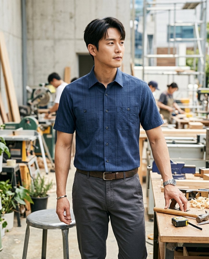 베이지 반팔 셔츠와 면팬츠를 입은 직장인