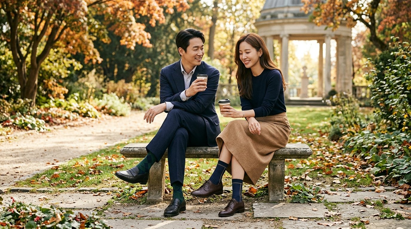 다양한 색상과 패턴의 양말이 선반에 배열된 장면