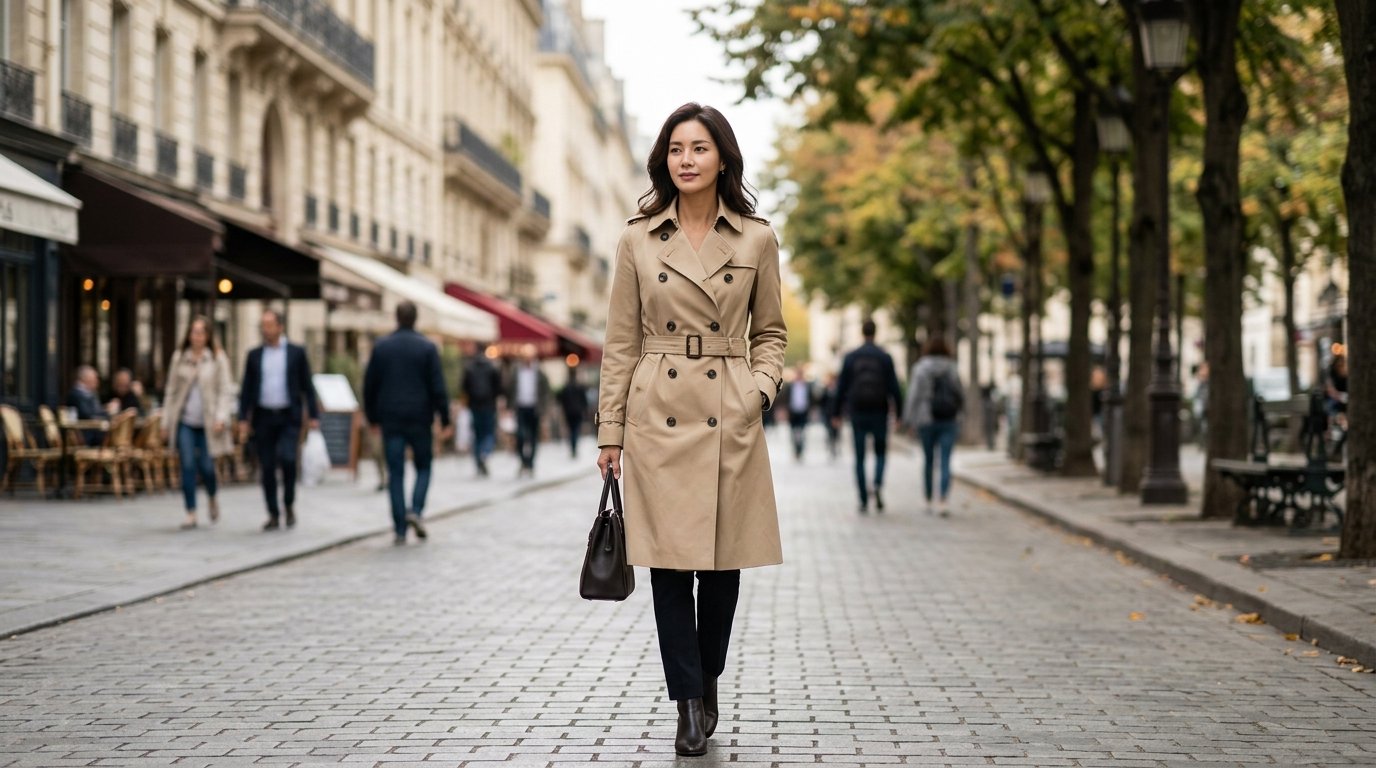 도시에서 트렌치코트를 입고 있는 사람들