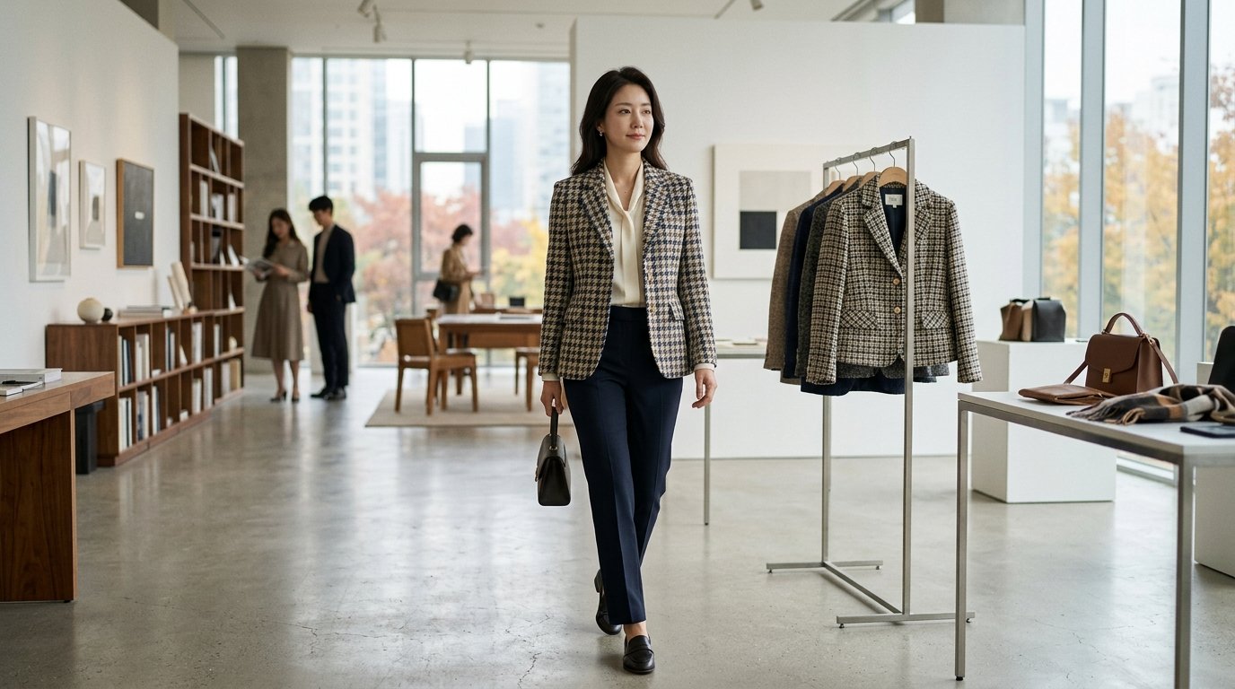 현대적인 도시 거리 한복판의 여성들이 트위드 자켓을 입고 서 있는 모습