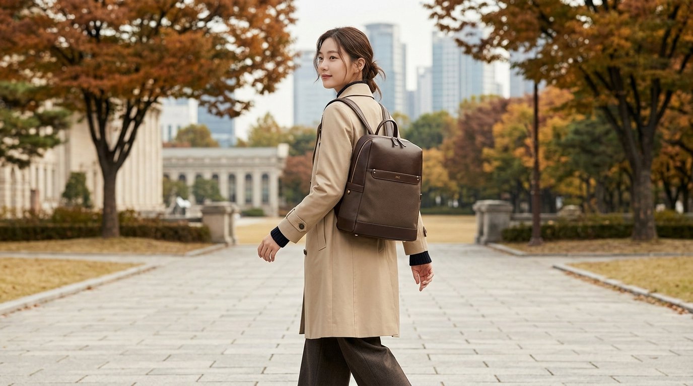 도심 공원에서 다양한 스타일의 여성 백팩 컬렉션.