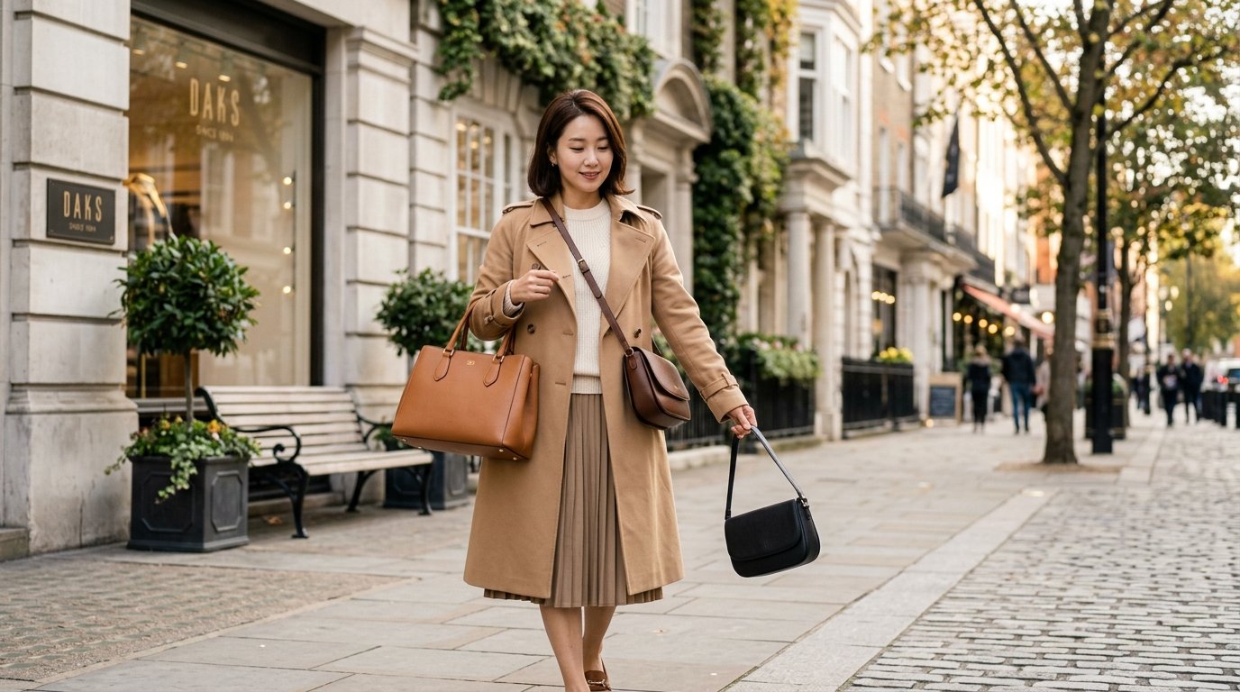 여성 모델이 밝은 자연광 아래 다양한 가방을 들고 도시 거리를 걷고 있는 모습