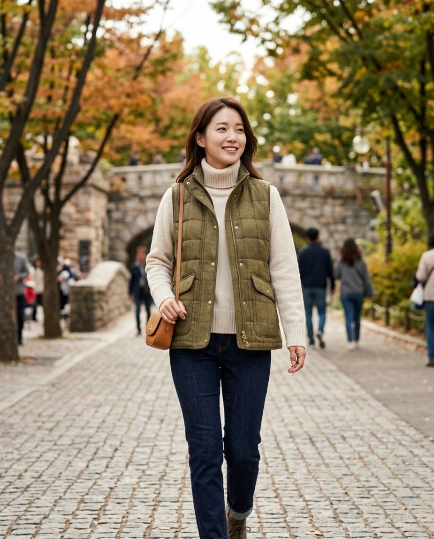 공원에서 티셔츠와 청바지에 베스트를 입은 여성