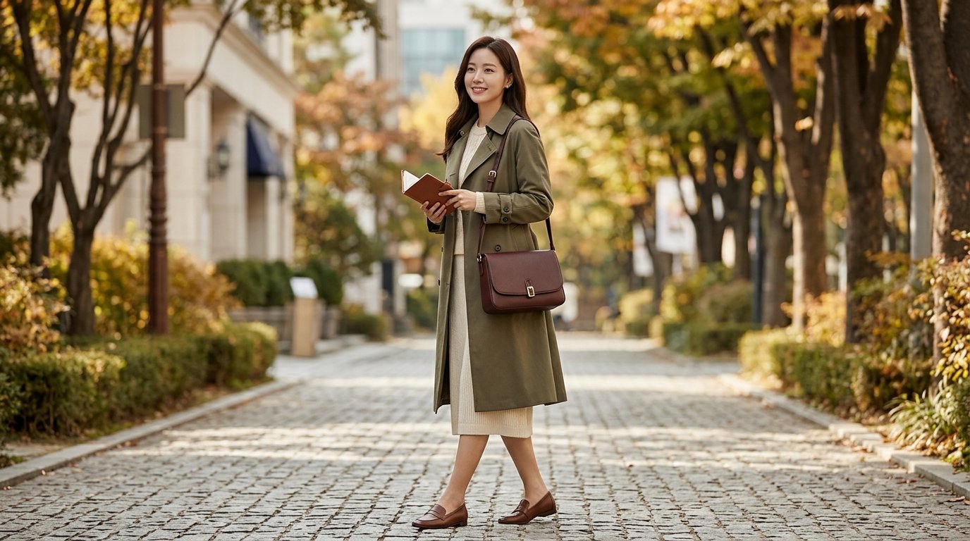 도시 거리 배경으로 크로스백을 멘 모델
