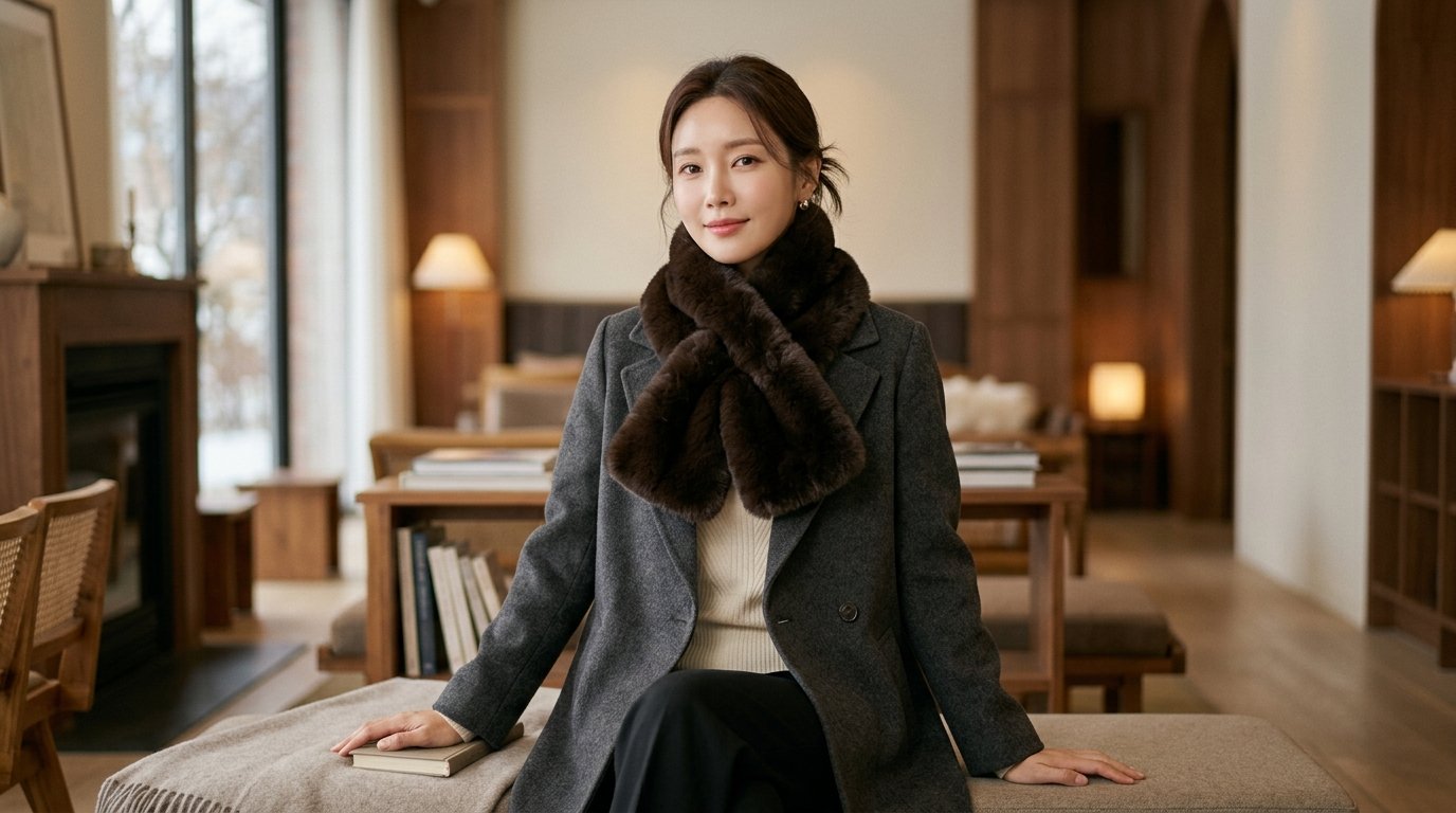 카페 테라스에서 브라운과 베이지 톤의 캐시미어 머플러를 두른 모델이 커피와 책을 놓고 휴식 중.